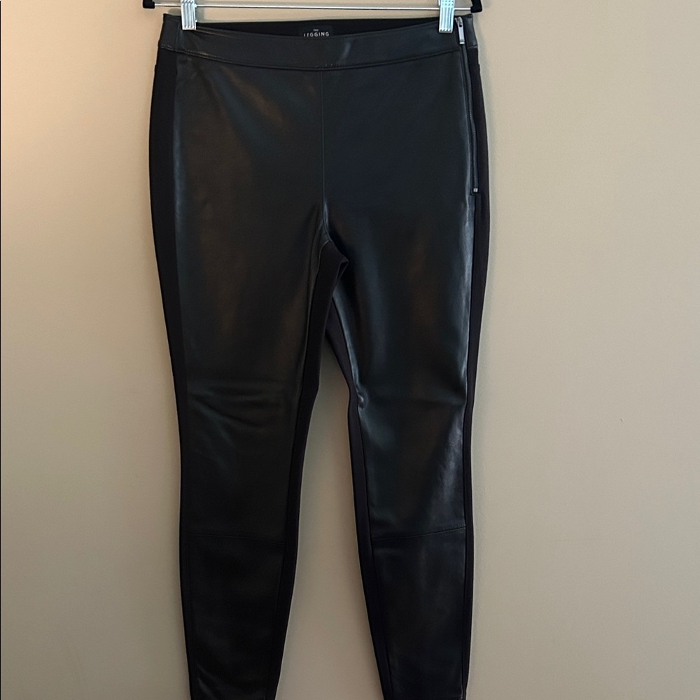White House Black Market Black Faux Leather Leggings with Back Knit Size 8